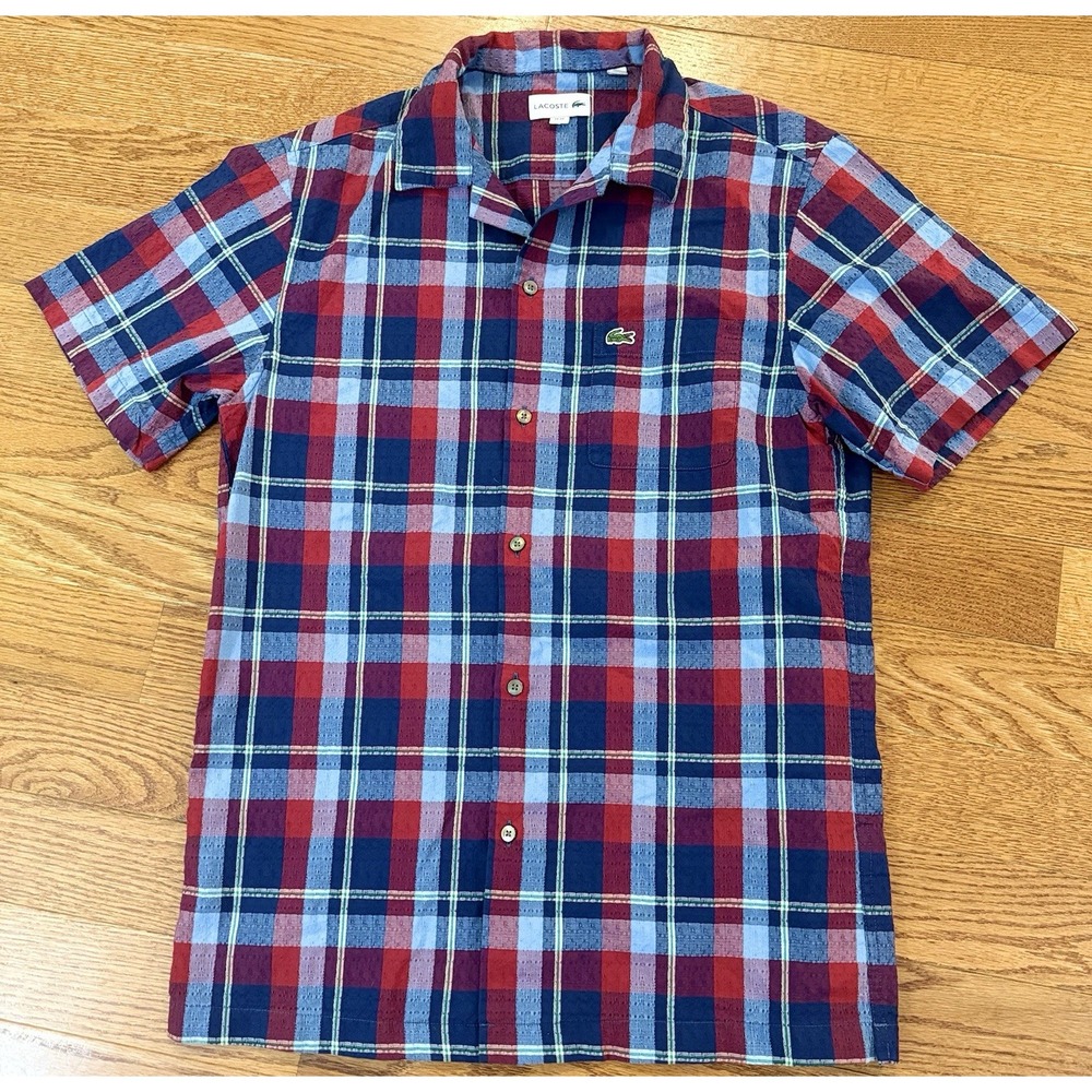 Lacoste Classic Fit Blue Red Plaid Short Sleeve Button Down Shirt Sz 40 Medium - Picture 2 of 6